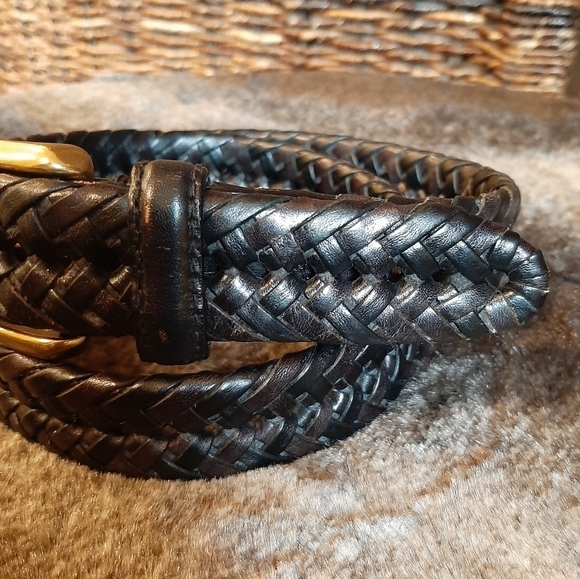 Dockers Belt Men's 32 Black Braided Leather Brass Buckle Adjustable Fish Tail - Picture 2 of 7